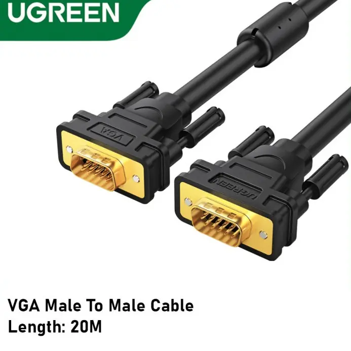 wldsaz UGREEN VG101 VGA Male to Male Cable 20M | Full HD 1080P, 24K Gold-Plated Connectors, OFC Copper, PVC Jacket, Foil & Braid Shielding, PC to Monitor/Projector – Black - Image 1