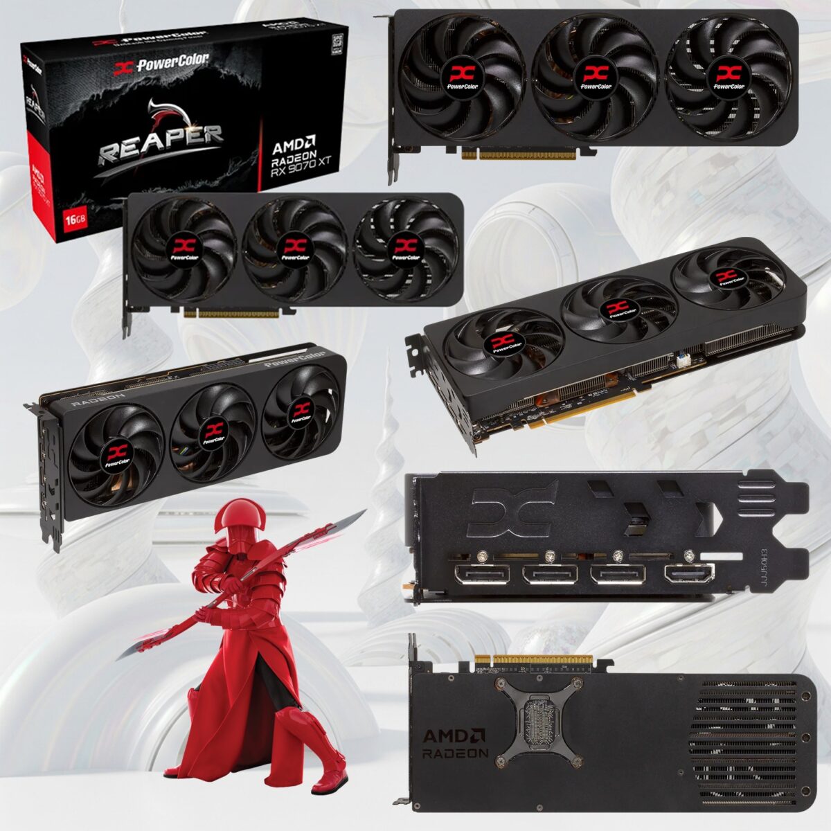 REAPER-9070XT-16G POWER COLOR REAPER RX9070XT 16GB 3 FANS PowerColor Reaper AMD Radeon™ RX 9070 XT 16GB GDDR6 , PCIe 5.0 , RDNA 4 , Boost Clock 2970 MHz, 4096 Stream Processors, Triple Fan Cooling , AI FidelityFX Super Resolution 4 , AMD HYPR-RX , 8K , Dual 8-Pin , 1 x HDMI 2.1 3 x DisplayPort 2.1