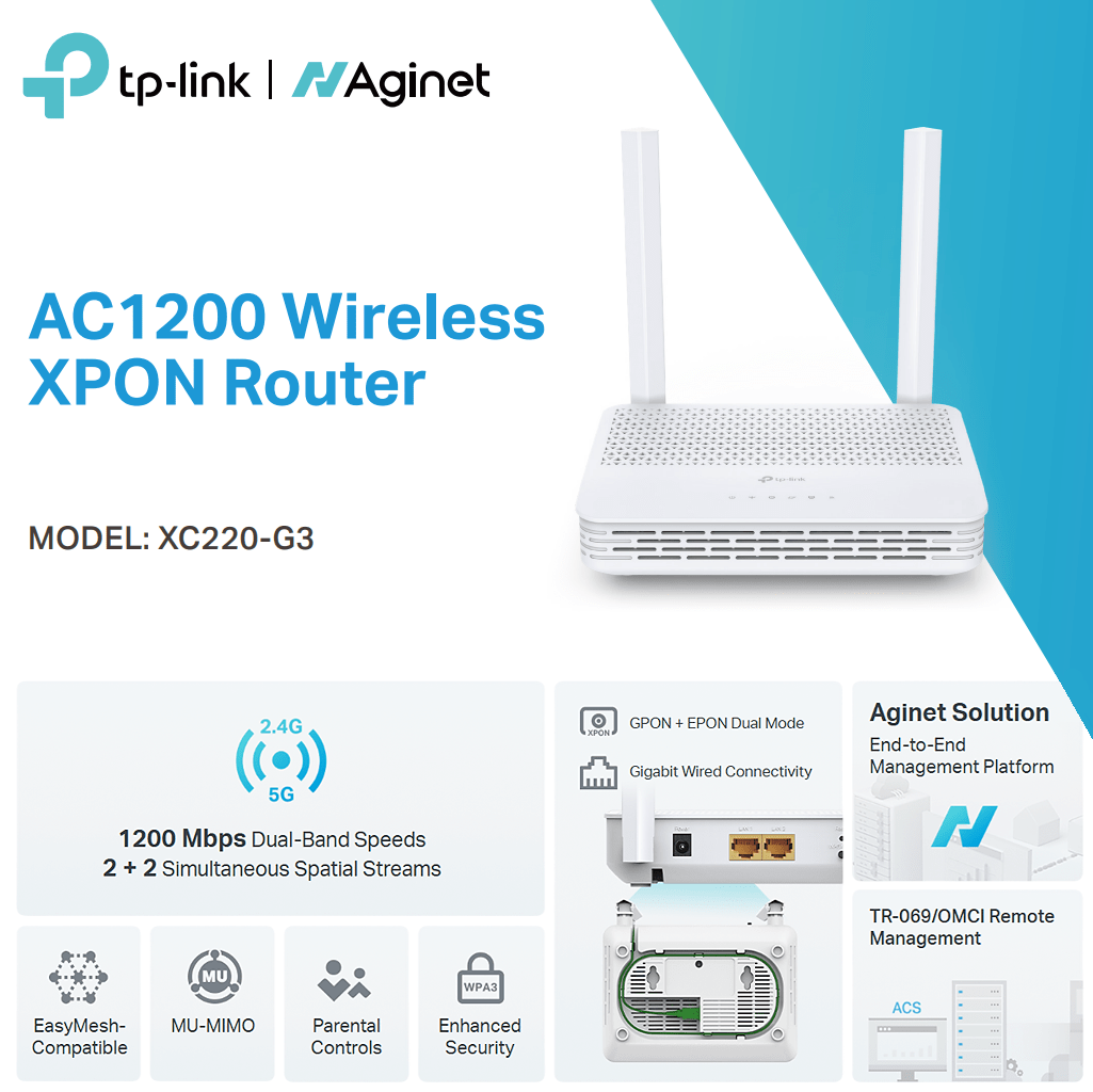 TPLINK-XC220-G3 TPLINK AC1200 WIRELESS XPON ROUTER TP-Link Aginet XC220-G3 AC1200 Wireless XPON Router Dual-Band 1.2Gbps WiFi, 300Mbps 2.4GHz, 867Mbps 5GHz, GPON+EPON Dual Mode, 2× Gigabit LAN, MU-MIMO, EasyMesh, WPA3 Security, Parental Controls, TR-069/OMCI