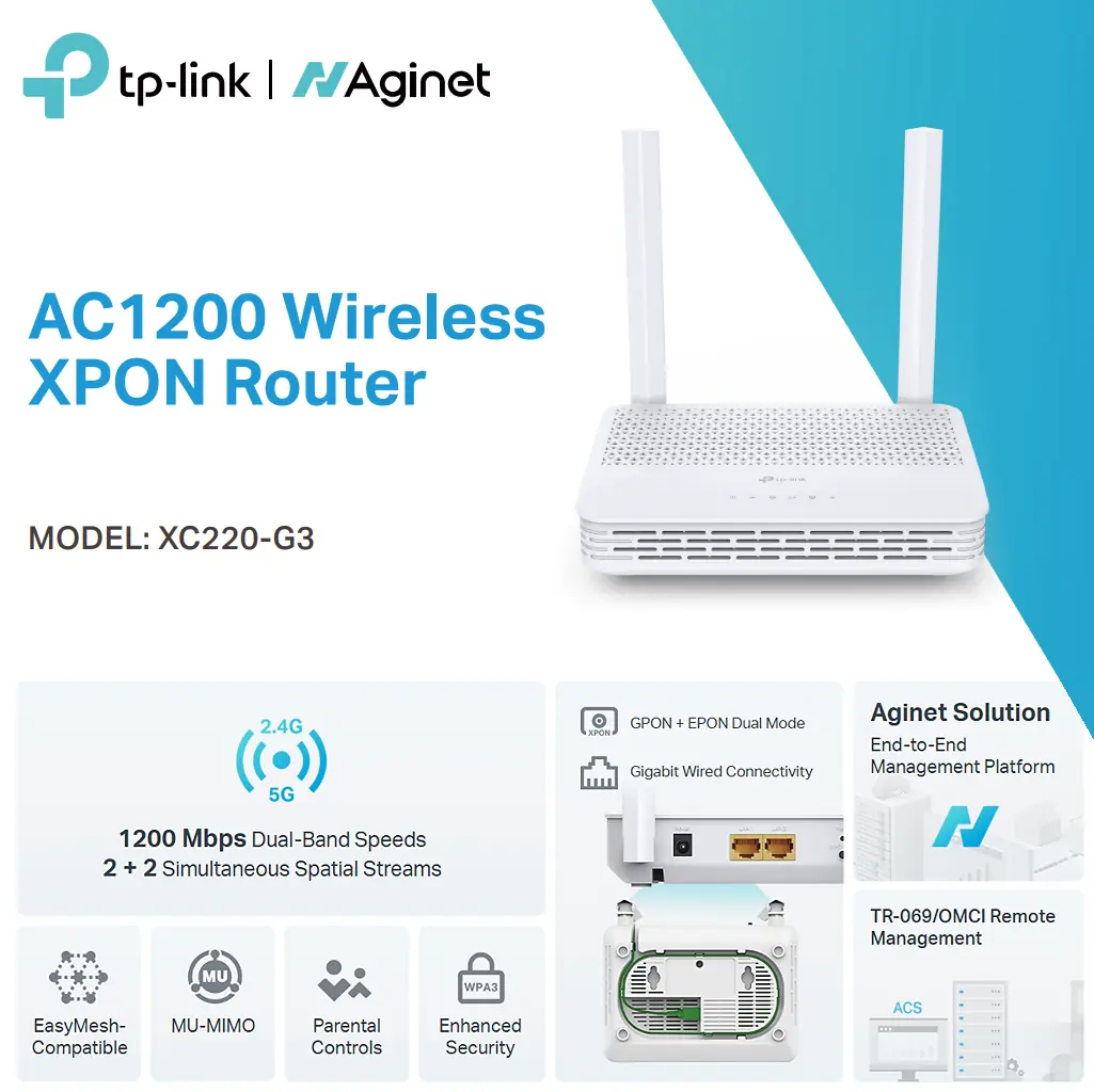 TPLINK-XC220-G3 TPLINK AC1200 WIRELESS XPON ROUTER TP-Link Aginet XC220-G3 AC1200 Wireless XPON Router Dual-Band 1.2Gbps WiFi, 300Mbps 2.4GHz, 867Mbps 5GHz, GPON+EPON Dual Mode, 2× Gigabit LAN, MU-MIMO, EasyMesh, WPA3 Security, Parental Controls, TR-069/OMCI