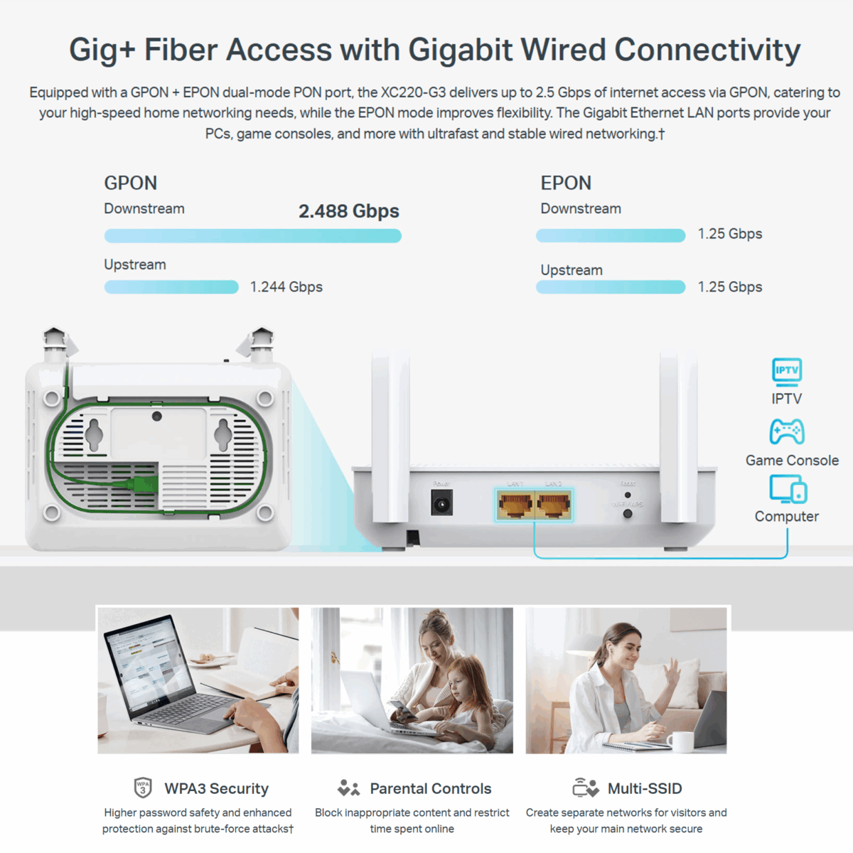TPLINK-XC220-G3 TPLINK AC1200 WIRELESS XPON ROUTER TP-Link Aginet XC220-G3 AC1200 Wireless XPON Router Dual-Band 1.2Gbps WiFi, 300Mbps 2.4GHz, 867Mbps 5GHz, GPON+EPON Dual Mode, 2× Gigabit LAN, MU-MIMO, EasyMesh, WPA3 Security, Parental Controls, TR-069/OMCI