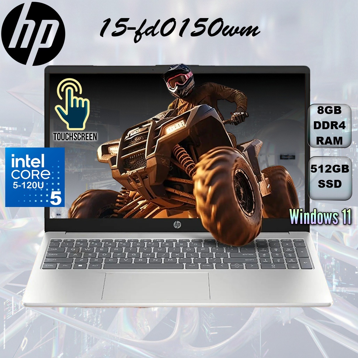B8LA9UA#ABA HP 15-FD0150WM CORE 5-120U 8GB/512GB SSD/WIN11/15.6"/TOUCH SCREEN HP 15-fd0150wm Intel Core 5 120U | 8GB DDR4 RAM ; 512GB NVMe SSD | Integrated Graphics | 15.6inch FHD IPS TouchScreen | Windows 11 | Meteor Silver 