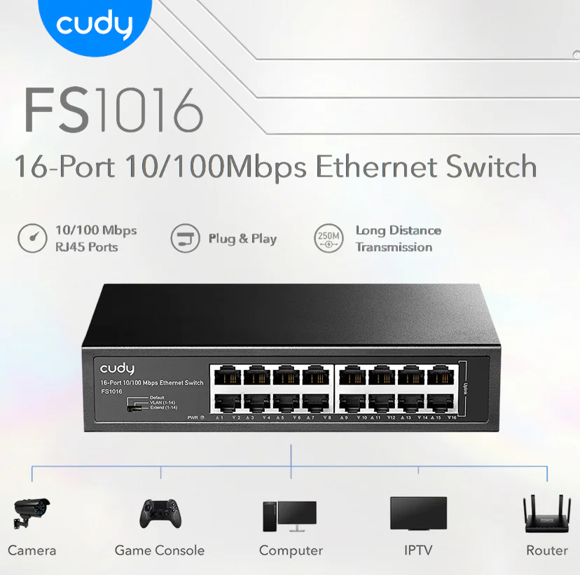 CUDY FS1016 16-Port 10/100 Mbps Ethernet Switch | VLAN & Extend Mode up to 250m | Metal Casing | 3.2Gbps Capacity | Rackmount | Power Saving | Plug & Play