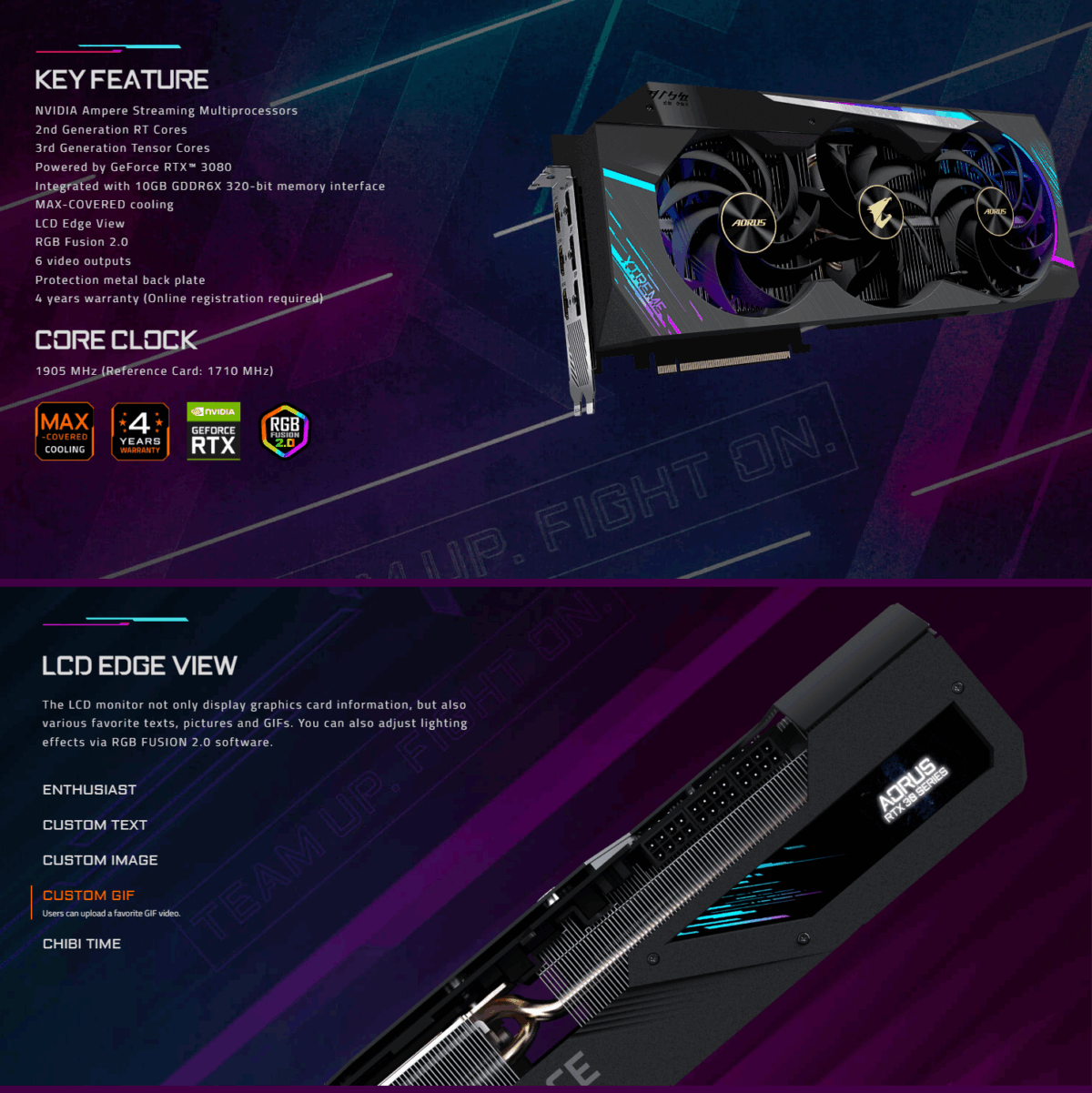 GIGABYTE-AUROS-3080- GIGABYTE AUROS 3080 USED 10GB BLACK AORUS GeForce RTX 3080 XTREME 10G 10GB GDDR6X 8704 CUDA Cores 1905MHz Core Clock Max-Covered Cooling LCD Edge View RGB Fusion 2.0 320-Bit PCIe 4.0 | USED ~ GV-N3080AORUS X-10GD