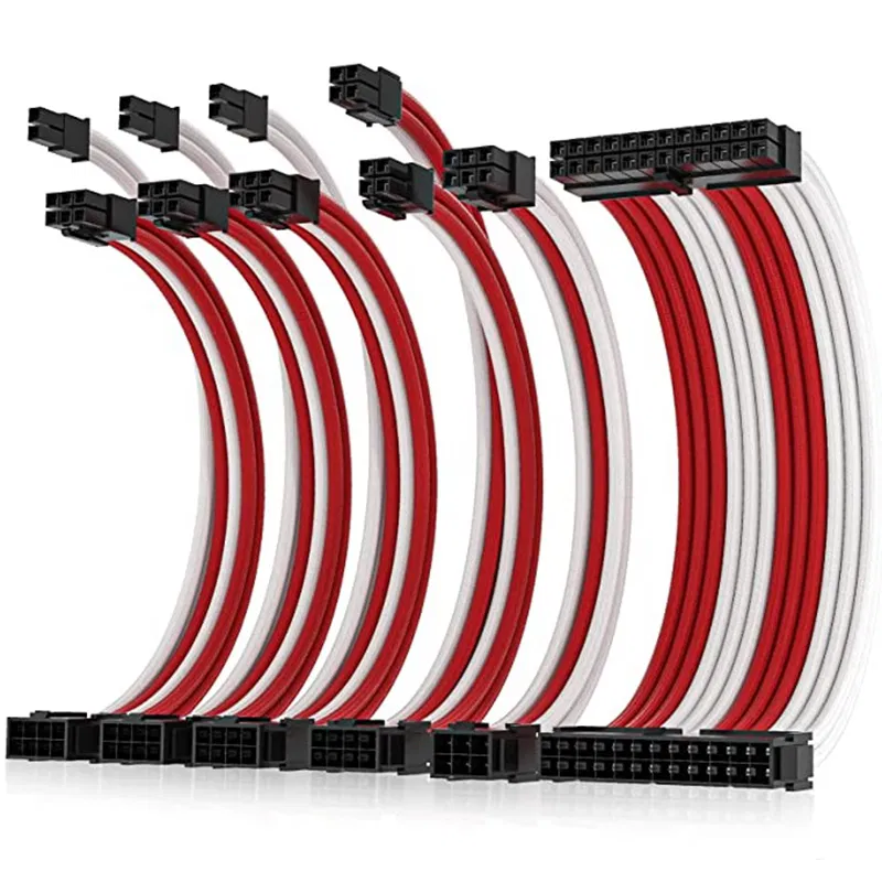 ASIAHORSE 16AWG PSU Extension Cable Kit 6KIT DOUBLE Red-White | 300mm PET Sleeved | Gold-Plated Terminals | Dual 4+4 CPU, 3x PCI-E 6+2, 24-Pin ATX | Durable & Stylish