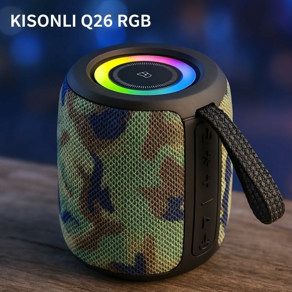 KISONLI Q26 RGB Music Speaker Camouflage | 10W Portable Bluetooth Speaker | 1200mAh Battery | RGB Lighting | Memory Card Support | For Mobile, PC, Outdoor & Karaoke Use