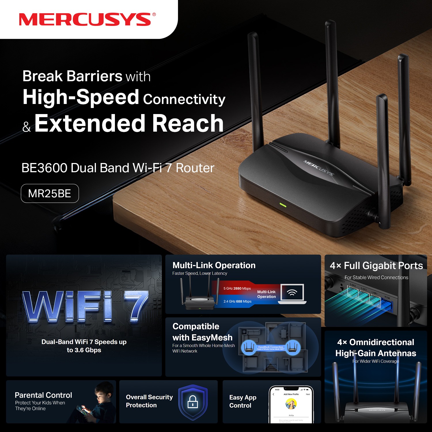 491806451_1002541922016216_8583210061312059570_n MERCUSYS MR25BE BE3600 Dual-Band Wi-Fi 7 Router – 3.6 Gbps, Multi-Link Operation, 4× Omni Antennas, EasyMesh Compatible, Full Gigabit Ports, App & WPA3 Security - Image 1