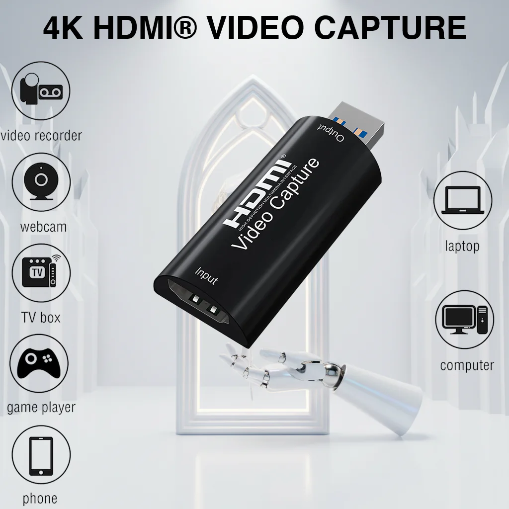 HDMI-VIDEO-CAPTURE 4K HDMI® VIDEO CAPTURE AWG26 HDMI UP TO 15M HDMI® Video Capture Device 4K Input To 1080P Output, USB Plug & Play , 8/10/12-bit Deep Color Processing, up to 15 meters of HDMI Cable Input,  Supports OBS, VLC, Android, macOS, Windows
