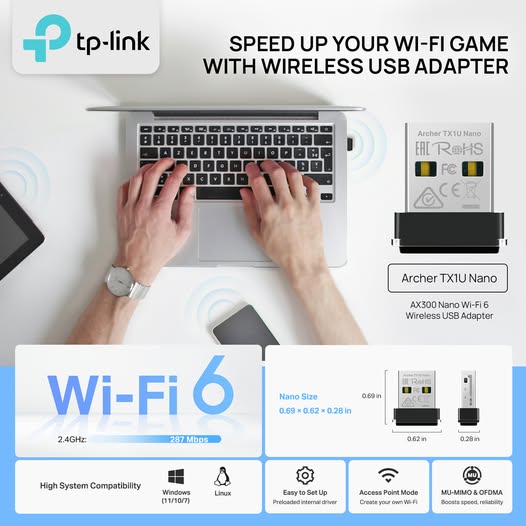 TP-Link Archer TX1U Nano AX3000 Wi-Fi 6 USB Adapter – 287Mbps Lightning-Speed, MU-MIMO & OFDMA, AP Mode, Nano-Sized Portable Design, Windows & Linux Compatible