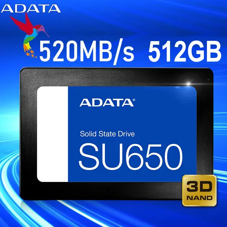 ASU650SS-512GT-R ADATA SU650 2.5" SATA 6GB/S 512GB 520MB/S ADATA SU650 512GB  SSD With 3D NAND, SATA 6Gb/s, Up To 520MB/s Read, 450MB/s Write, SLC Caching, ECC Support, SSD Toolbox & Cloning Utility Included