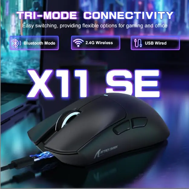 51ON4JPbnxL._AC_ ATTACK SHARK X11-SE Ultra-Light Gaming Mouse – 59g Ergonomic Design, Tri-Mode BT5.2/2.4G/Wired USB-C, PixArt PAW3311 Sensor, 22,000 DPI, 5 Programmable Buttons - Image 1