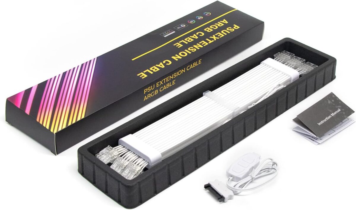 ASIAHORSE 18AWG 3x8 Pin ARGB GPU Extension Cable – White | Triple 8-Pin PCIe Strimer | 300mm Silicone-Sleeved | AURA Sync Compatible | 81 Addressable ARGB LEDs - Image 2