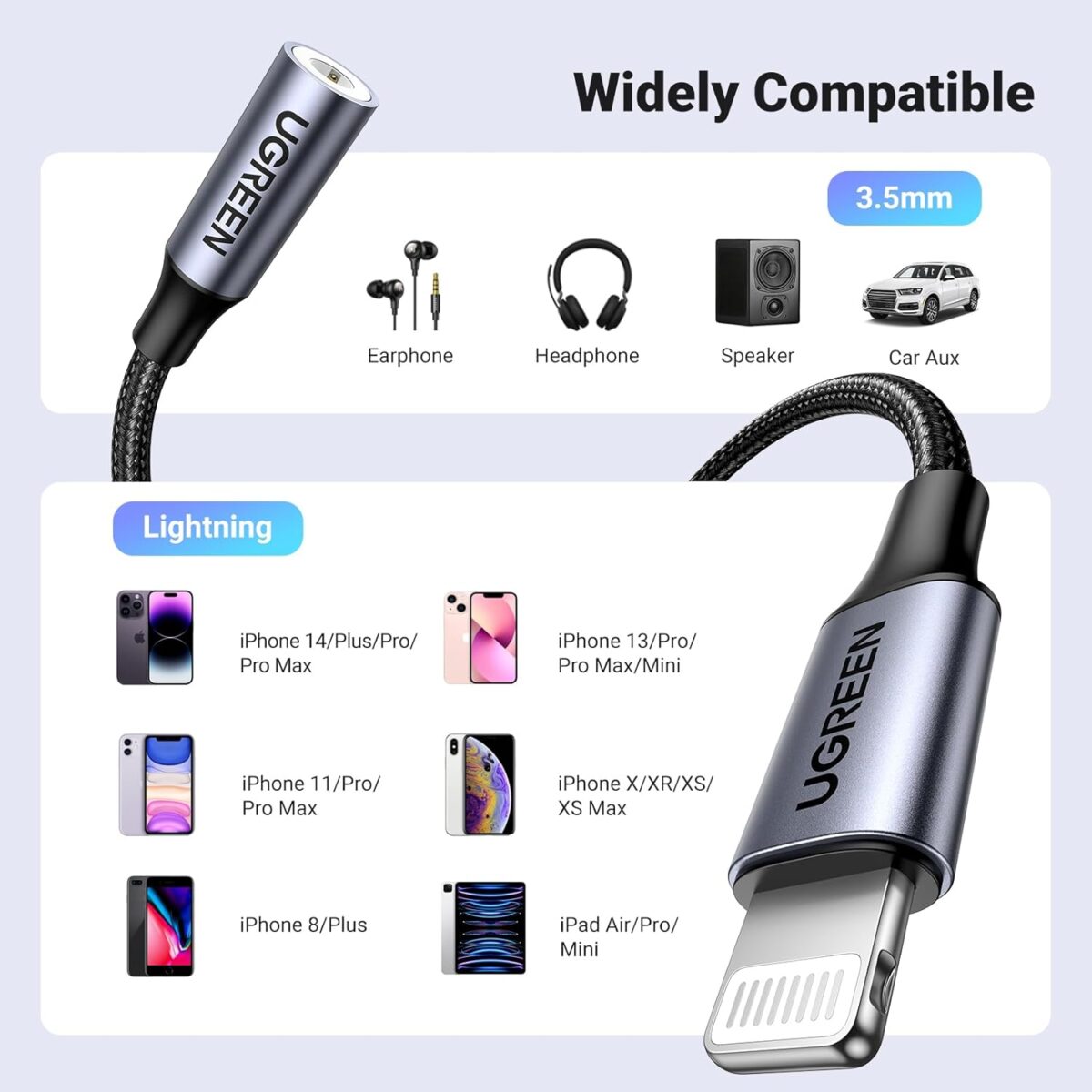 UGREEN Lightning to 3.5mm Audio Adapter (10 cm, Grey) – Apple MFi Certified, 48 kHz/24-bit Hi-Fi Sound, Durable Nylon Braid, Compatible with iPhone 14/13/12/11/SE & iPad Models - Image 6