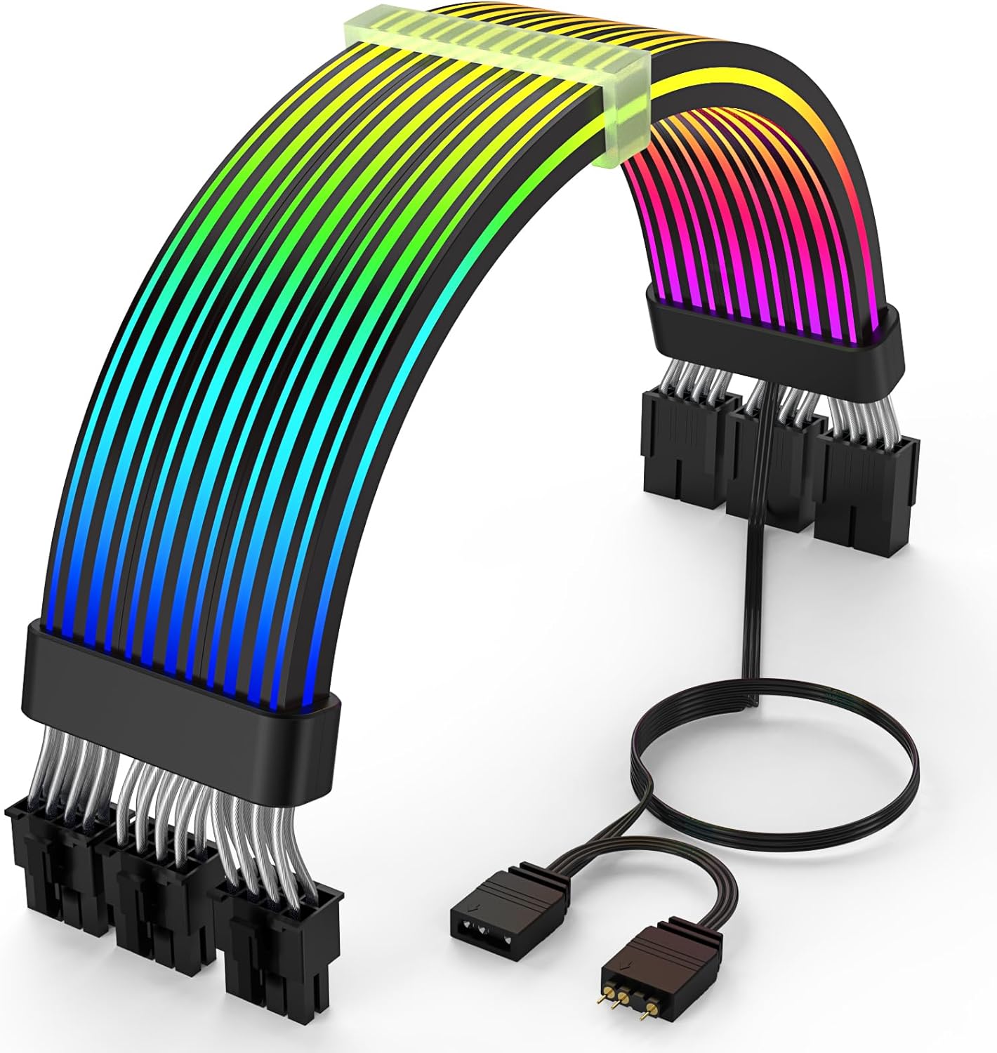 ASIAHORSE 18AWG GPU 24 (3x8) PIN ARGB Dual SR Extension Cable | 300mm Sleeved Silicone RGB Cable | 81 LEDs | Silver-Plated Wire | Black | Auro Sync Compatible
