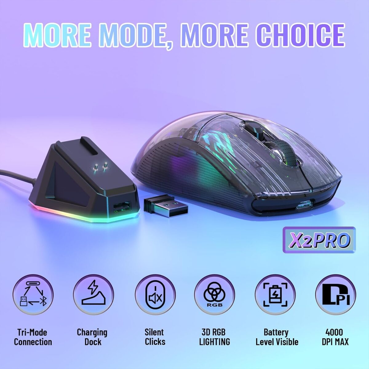 ATTACK SHARK X2 Pro RGB Gaming Mouse – Semi-Transparent Shell, Magnetic Charging Dock, 3 Modes (2.4GHz/Bluetooth/Wired), 5 DPI Levels, Silent Click, Black - Image 3