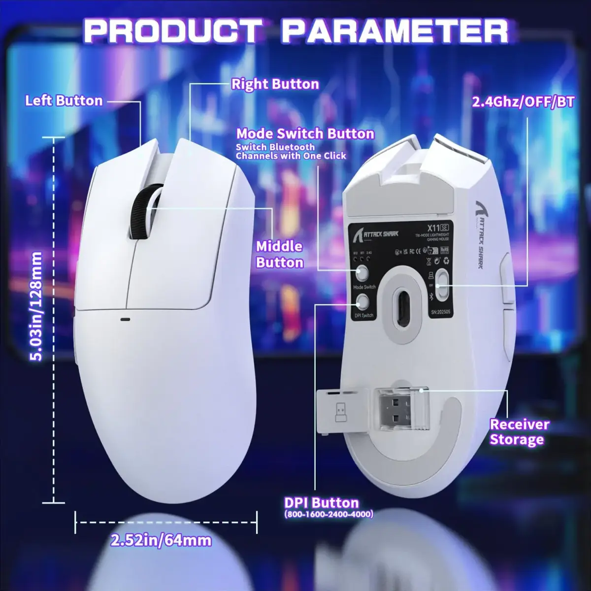 ATTACK SHARK X11-SE Ultra-Light Gaming Mouse – 59g Ergonomic Design, Tri-Mode BT5.2/2.4G/Wired USB-C, PixArt PAW3311 Sensor, 22,000 DPI, 5 Programmable Buttons, White - Image 5