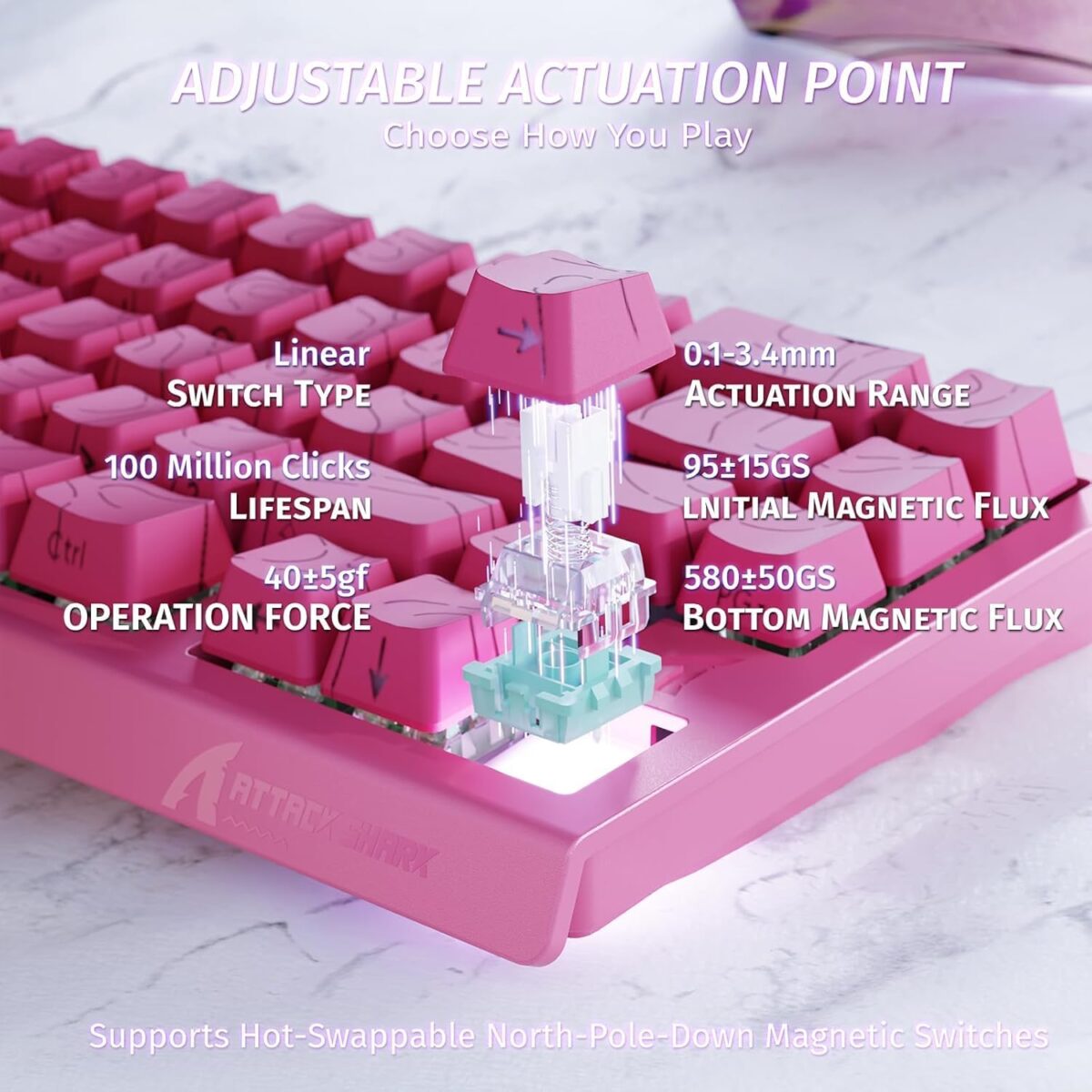 ATTACK SHARK X68HE 60% Mechanical Gaming Keyboard – Rose Contour RGB, Hall Effect Magnetic Switch, 0.01mm RT Accuracy, Adjustable Actuation 0.1–3.4mm, 8KHz Polling, Top Mount - Image 3