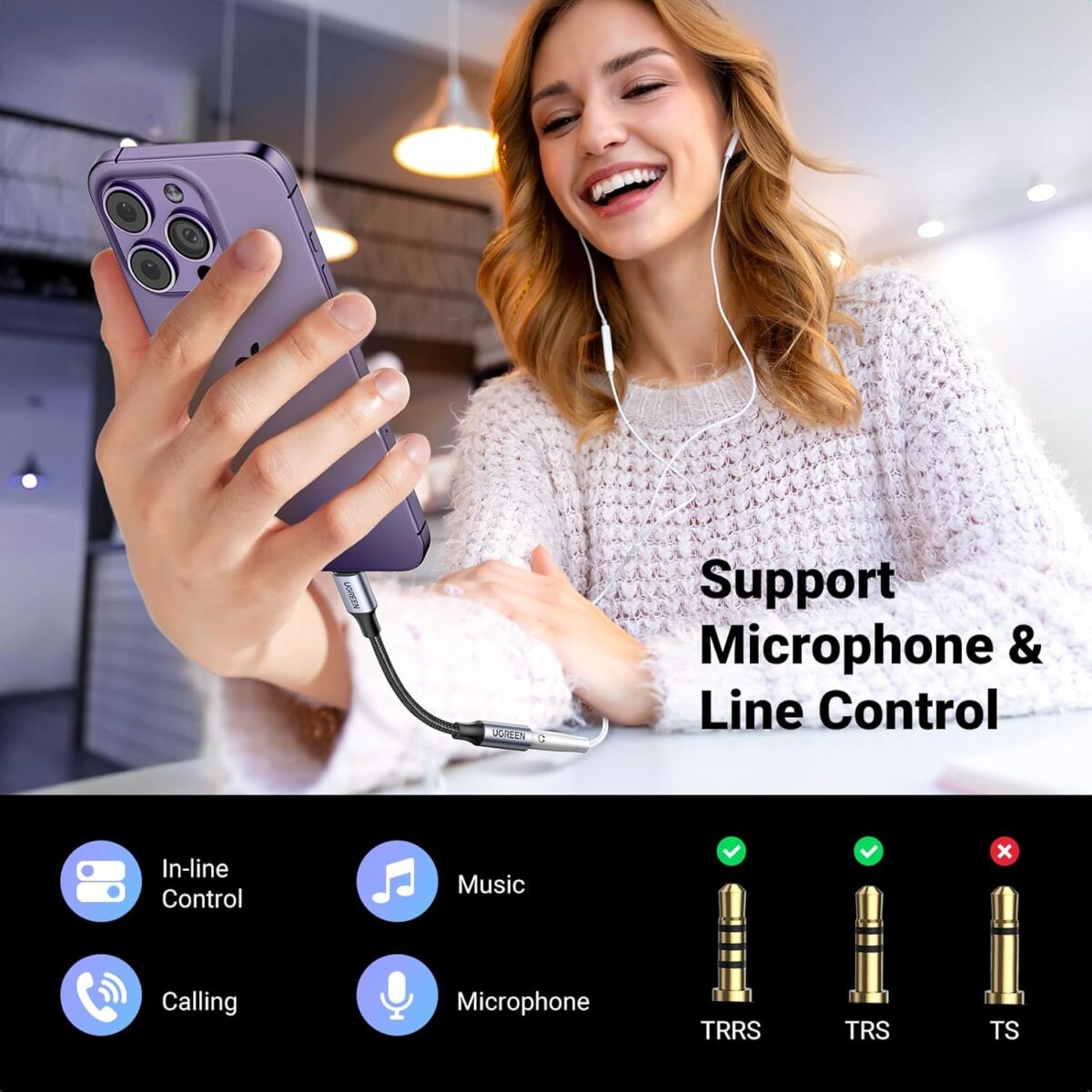 UGREEN Lightning to 3.5mm Audio Adapter (10 cm, Grey) – Apple MFi Certified, 48 kHz/24-bit Hi-Fi Sound, Durable Nylon Braid, Compatible with iPhone 14/13/12/11/SE & iPad Models - Image 3