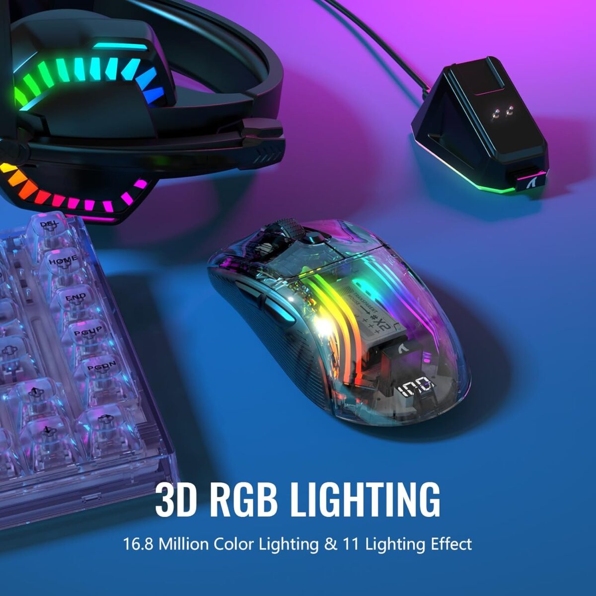 ATTACK SHARK X2 Pro RGB Gaming Mouse – Semi-Transparent Shell, Magnetic Charging Dock, 3 Modes (2.4GHz/Bluetooth/Wired), 5 DPI Levels, Silent Click, Black - Image 5