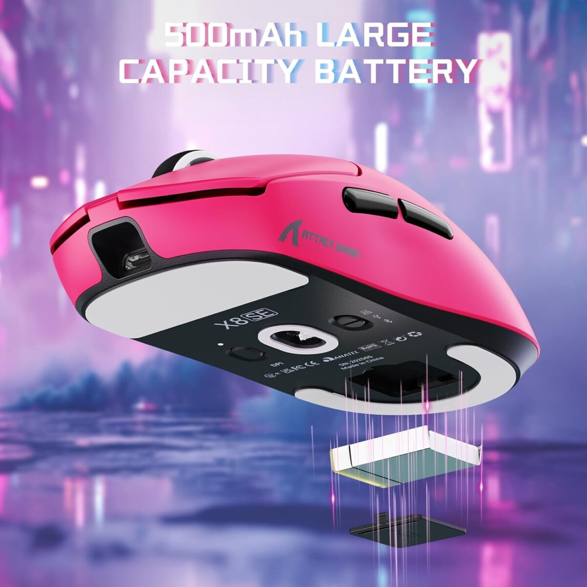ATTACK SHARK X8-SE Tri-Mode Gaming Mouse – 25K DPI PAW3311 Sensor, 55g Lightweight, 500mAh Battery, 2.4G/Bluetooth/USB-C Wired, 80M Huano Switches, Programmable, Berry Red - Image 7
