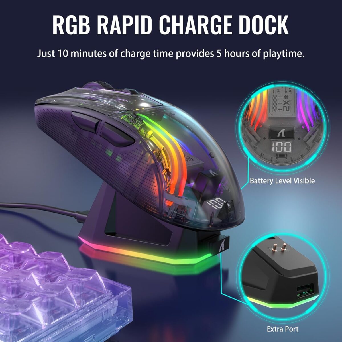 ATTACK SHARK X2 Pro RGB Gaming Mouse – Semi-Transparent Shell, Magnetic Charging Dock, 3 Modes (2.4GHz/Bluetooth/Wired), 5 DPI Levels, Silent Click, Black - Image 4
