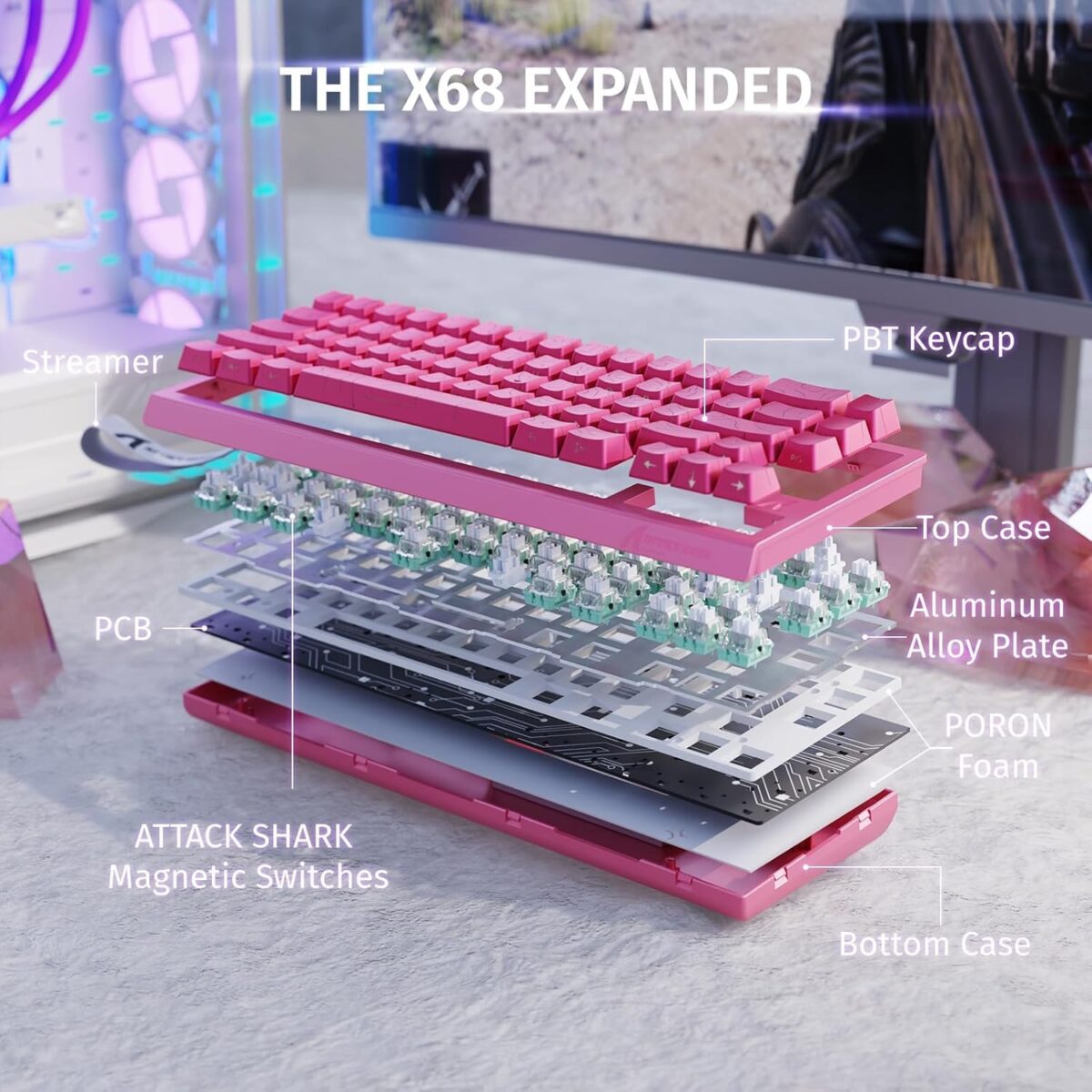 ATTACK SHARK X68HE 60% Mechanical Gaming Keyboard – Rose Contour RGB, Hall Effect Magnetic Switch, 0.01mm RT Accuracy, Adjustable Actuation 0.1–3.4mm, 8KHz Polling, Top Mount - Image 9