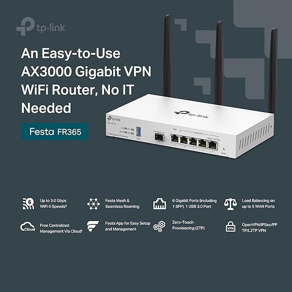 TP-Link Festa FR365 AX3000 Gigabit VPN Router – Dual-Band Wi-Fi 6, Cloud Management, 5 WAN Load Balancing, SFP Port, VPN Security, Mesh Networking, Zero-Touch Setup