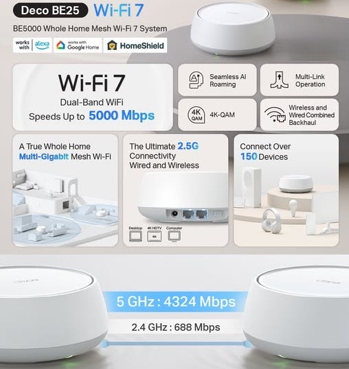 8587THH TP-Link Deco BE3600 Mesh WiFi 7 Router | Dual-Band 3600 Mbps | 2× 2.5 Gbps Ports | AI-Driven Roaming | HomeShield Security | Works with Alexa & Google Home - Image 1