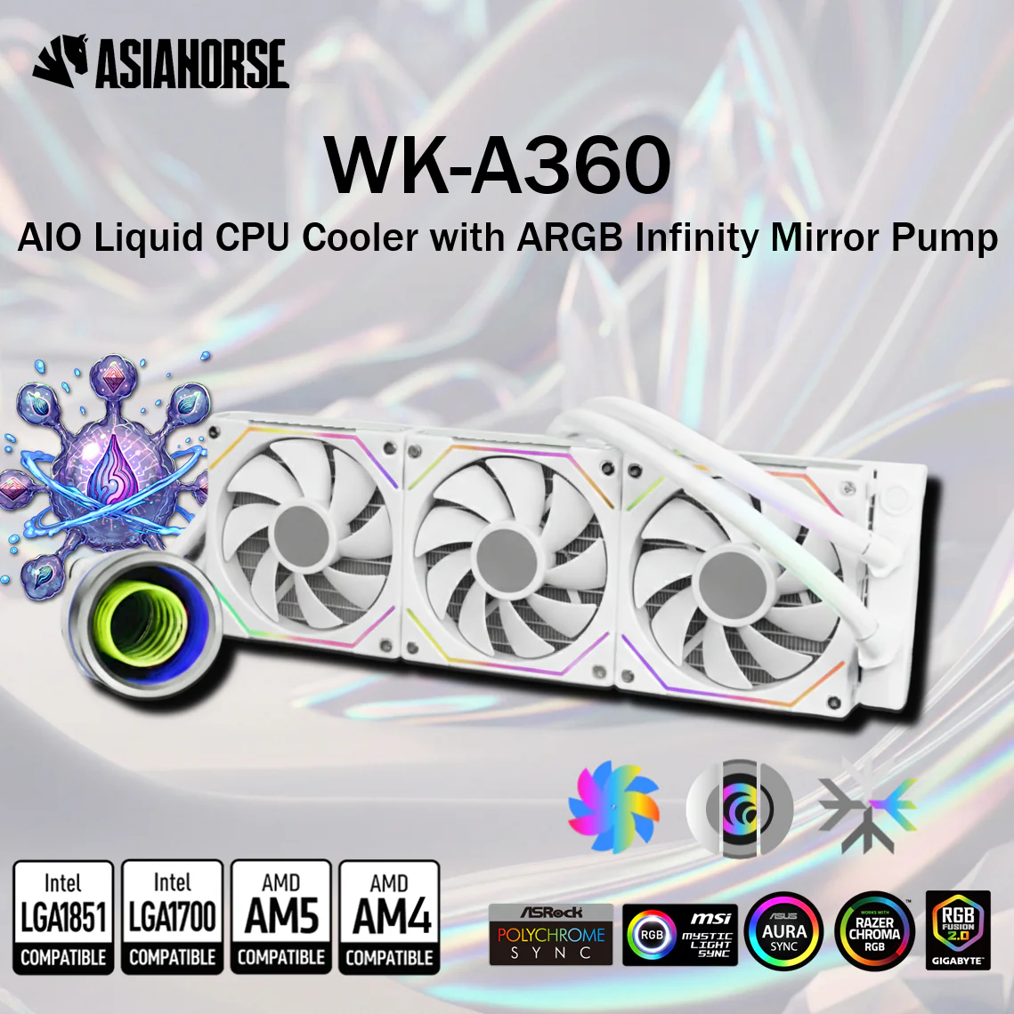 WK-A360-WHITE ASIAHORSE INFINITY MIRROR 360MM 3xFAN RGB CPU LIQUID COOLER LCD WHITE ASIAHORSE WK-A360 AIO Liquid CPU Cooler | Cylinder Infinity Mirror ARGB Pump, 360mm Radiator, 3x 120mm Fans With White Blades & ARGB Strip Frame | WHITE 