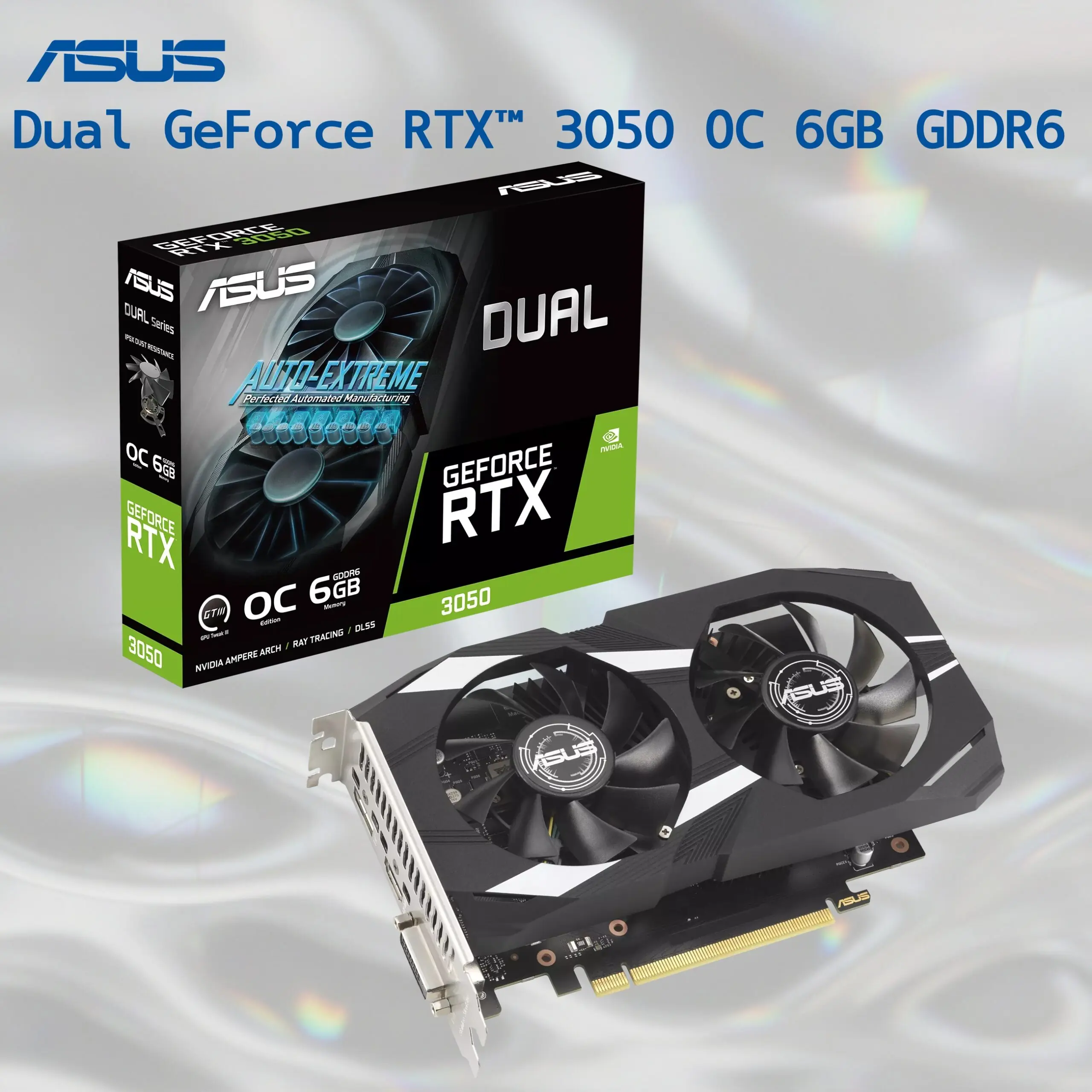 90YV0K60-M0NA00 ASUS DUAL RTX 3050 6GB GDDR6 OC BLACK VGA ASUS Dual NVIDIA GeForce RTX 3050 6GB OC Edition Gaming Graphics Card - PCIe 4.0, 6GB GDDR6 Memory, HDMI 2.1, DisplayPort 1.4a, 2-Slot Design, Axial-tech Fan Design, 0dB Technology, Steel Bracket