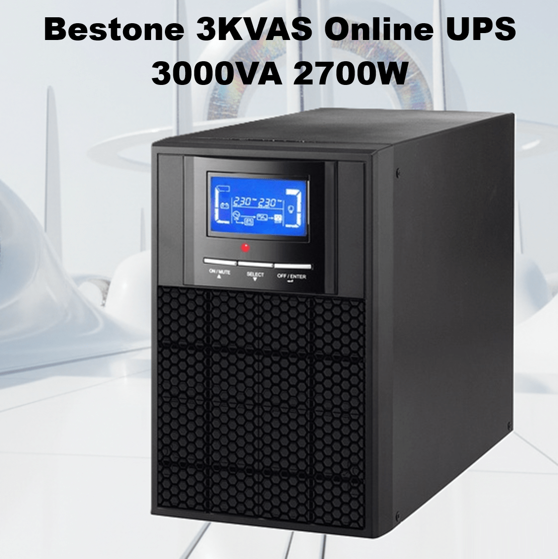 Bestone 3KVAS Online UPS 3000VA 2700W 3KVAS UPS BESTONE ONLINE 3KVA 2700W LCD - BLACK Bestone 3KVAS Online UPS 3000VA 2700W Pure Sine Wave Smart Tower, Double Conversion, LCD Display, 4 AC Outlets, USB & RS-232, 12V 9Ah Battery, 50/60Hz Auto Sensing