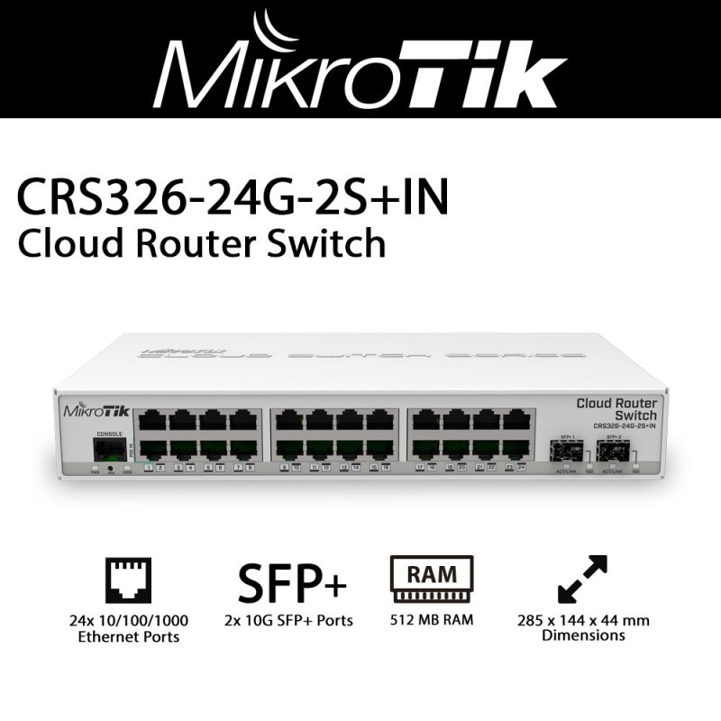 MikroTik CRS326-24G-2S+IN Cloud Smart Switch – 24x Gigabit LAN, 2x 10G SFP+ Cages, 512MB RAM, Dual Boot (RouterOS / SwOS), Fanless Silent Design, Advanced Managed Functions