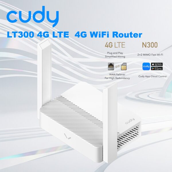 CUDY-LT300 CUDY LT300 4G LTE N300 WIFI ROUTER 300Mbps WHITE Cudy LT300 2.0 4G N300 Wi-Fi Router With Nano SIM Slot, Dual Ethernet Ports, VPN, And Cloud App Control – 4G Cat.4 150Mbps, 300Mbps Wi-Fi, WPA3 Security 