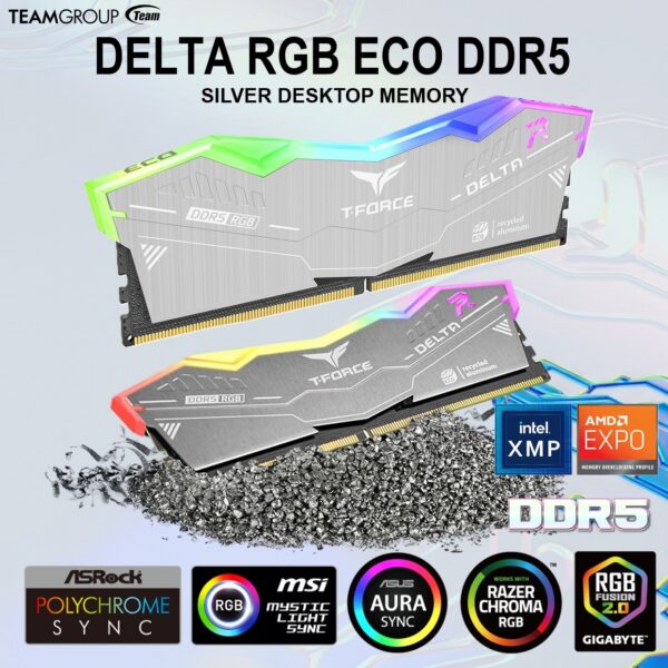 FF2D532G6400HC38JDC0 RAM TEAM TFORCE DELTA RGB 32GB (16X2) 6400MHZ CL38 TEAMGROUP T-FORCE DELTA RGB ECO DDR5 32GB (2x16GB) 6400MHz CL38 Silver | Eco-Friendly Overclocking Memory | RGB Lighting | Intel XMP 3.0 & AMD EXPO | Lifetime Warranty