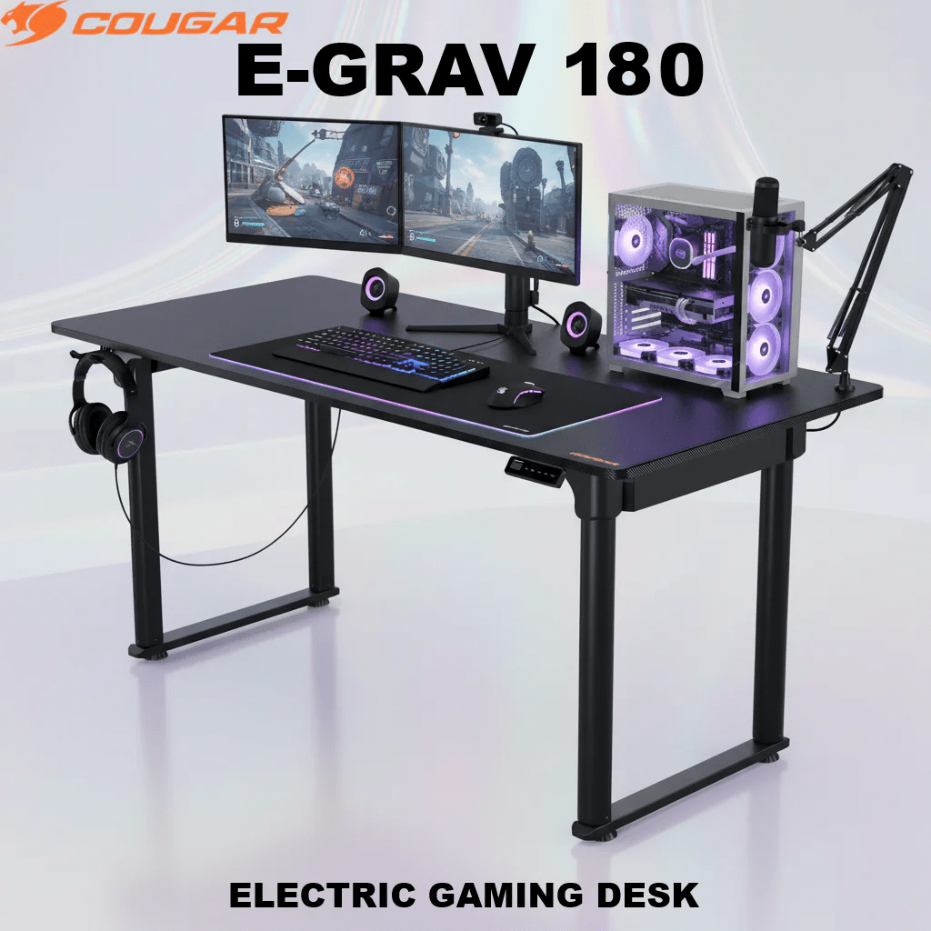 E-GRAV-180-Electric-Gaming-Desk-BLACK E-GRAV-180 COUGAR E-GRAV 180 ELECTRIC GAMING DESK 180X80CM COUGAR E-GRAV 180 Electric Gaming Desk , 180 x 80 cm Carbon Fiber Desktop , Motorized Adjustable Height 73~118 cm , Dual Memory Presets , Cable Management Tray , Full Desk Mousepad | BLACK
