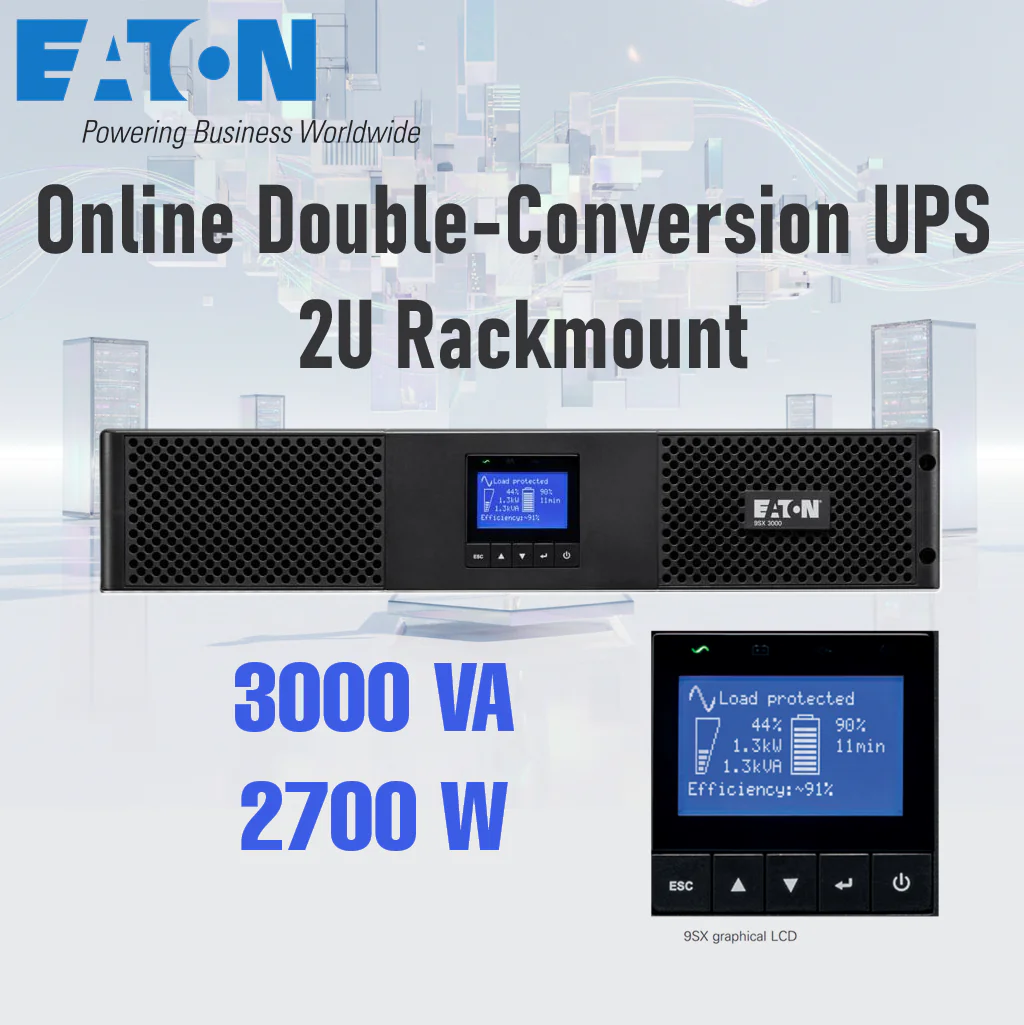 Eaton 9SX3000IR 3000VA 2700W Online Double-Conversion UPS EATON-EBM-72V EATON EBM 72V RACK2U 9SX3000IR Eaton 9SX3000IR 3000VA / 2700W Online Double-Conversion UPS – 2U Rackmount, 230V Output, Graphical LCD Display, 8x C13 + 1x C19 Outlets, Hot-Swappable Batteries, USB & RS232 Connectivity, ABM® Intelligent Charging, Reliable Lead-Acid Power Backup for Critical IT and Network Equipment