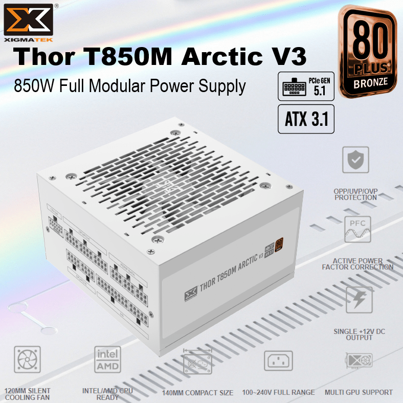 Full Modular XIGMATEK Thor T850M Arctic V3 850W Power Supply EN46537 XIGMATEK POWER SUPPLY 850W THOR T850M ARCTIC V3 BRONZE XIGMATEK Thor T850M Arctic V3 850W Power Supply – 80 Plus Bronze, Full Modular, 120mm Silent Fan, PCIe 5.1, Dual CPU, ATX 3.1, OPP/OVP/UVP Protection, EU Cord