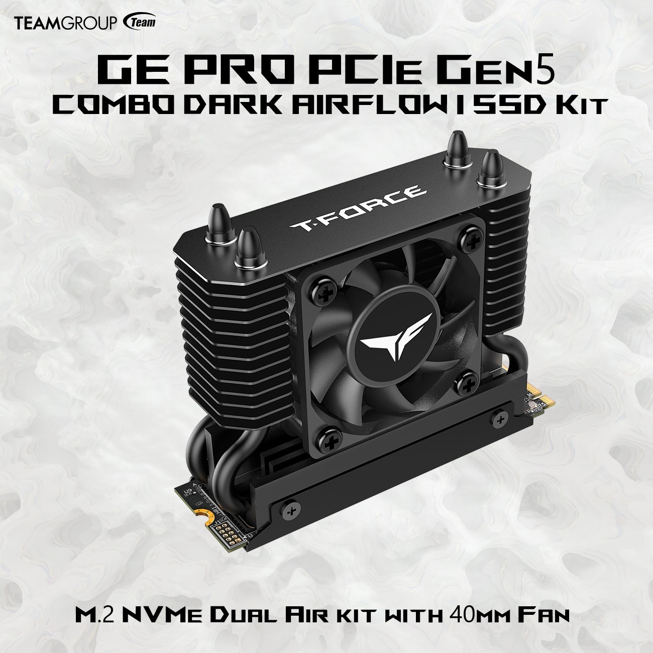 TM8FG3004T0C133 TEAM TFORCE GE PRO 4TB PCIE GEN 5 14000MB/S WITH FAN HEATSINK] Team Group T-FORCE COMBO DARK SSD Kit : GE PRO M.2 2280 4TB PCIe Gen 5.0x4 with DRAM CACHE ; NVMe 2.0 3D NAND Internal Solid State Drive (SSD) Included with "AirFlow I" Heatsink  ~ BLACK TM8FG3004T0C133