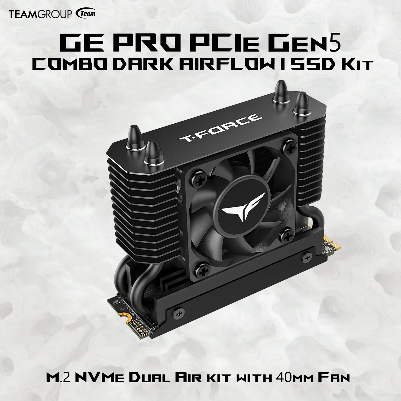 TM8FG3004T0C133 TEAM TFORCE GE PRO 4TB PCIE GEN 5 14000MB/S WITH FAN HEATSINK] Team Group T-FORCE COMBO DARK SSD Kit : GE PRO M.2 2280 4TB PCIe Gen 5.0x4 with DRAM CACHE ; NVMe 2.0 3D NAND Internal Solid State Drive (SSD) Included with "AirFlow I" Heatsink  ~ BLACK TM8FG3004T0C133