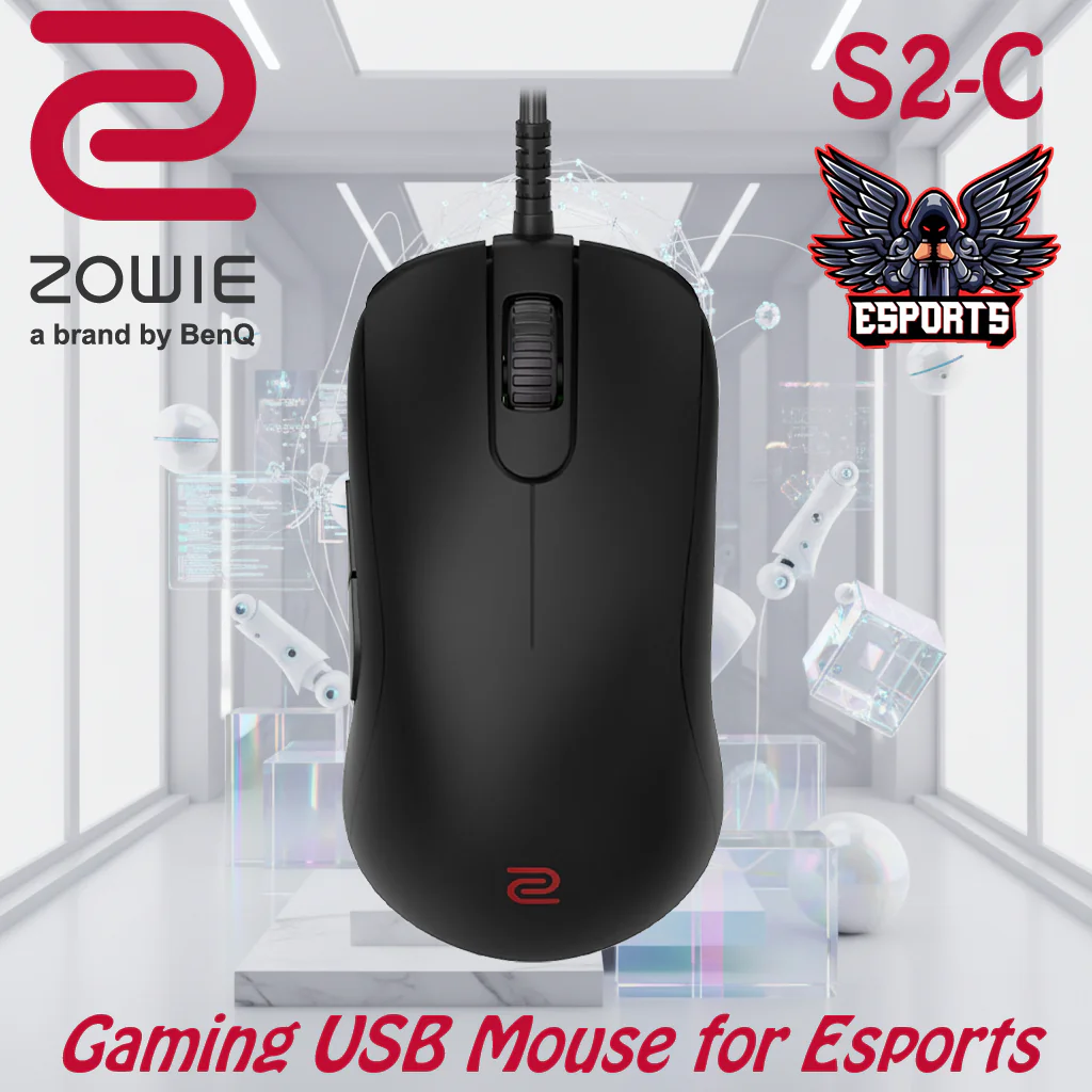 9H.N3KBB.A2E BENQ ZOWIE S2-C GAMING MOUSE FOR ESPORT 3360 SENSOR WIRED BENQ ZOWIE S2-C Esports Gaming Mouse | Symmetrical Design | Small Size | 3360 Sensor | 24-Step Scroll Wheel | Lightweight Paracord Cable | Plug & Play BenQ Zowie S2-C Symmetrical Gaming USB Mouse for Esports ,Weight-Reduced , Paracord Cable & 24-Step Scroll Wheel , Driverless , Matte Black Coating , Small Size Symmetrical Right-Handed 