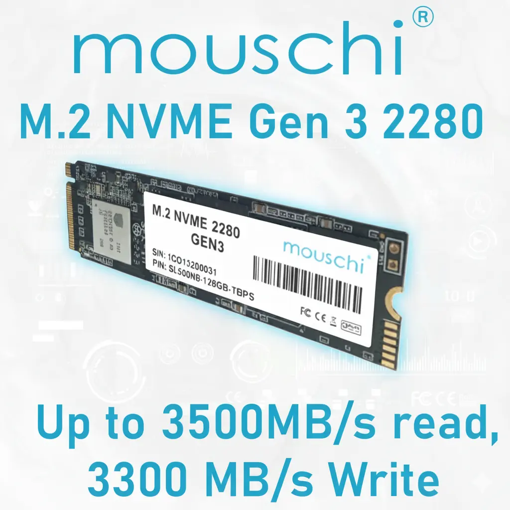 SL500NB-128GB-TBPS MOUSCHI M.2 NVME 2280 128GB GEN3 Mouschi M.2 NVME Gen 3 2280 SSD 128GB – Fast 3500MB/s Read, 3300MB/s Write, High-Performance Solid State Drive For Gaming, Editing, And Lightning Boot Speeds