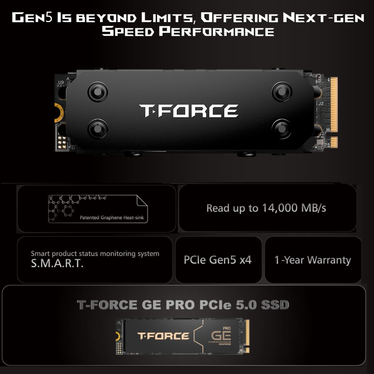 TM8FG3004T0C133 TEAM TFORCE GE PRO 4TB PCIE GEN 5 14000MB/S WITH FAN HEATSINK] Team Group T-FORCE COMBO DARK SSD Kit : GE PRO M.2 2280 4TB PCIe Gen 5.0x4 with DRAM CACHE ; NVMe 2.0 3D NAND Internal Solid State Drive (SSD) Included with "AirFlow I" Heatsink  ~ BLACK TM8FG3004T0C133