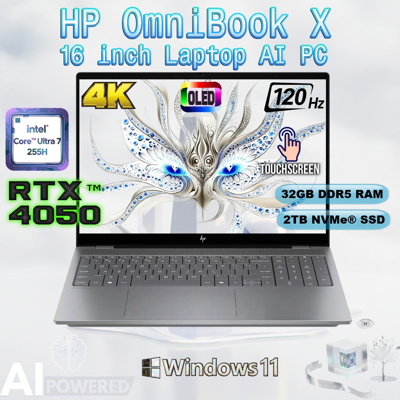 BN9R0UA#ABA HP OMNIBOOK X ULTRA 7/32GB DDR5/2TB/4050/SILVER/2K OLED/16" HP OmniBook X 16 inch Laptop AI PC Intel® Core Ultra 7 255H | 32GB DDR5 RAM , 2TB NVMe SSD | RTX 4050 (6GB) | 16-inch 2K OLED TouchScreen 120Hz 0.2ms Display | Backlit Keyboard |  Windows 11 Home | METEOR SILVER ~ 16-aw0033dx