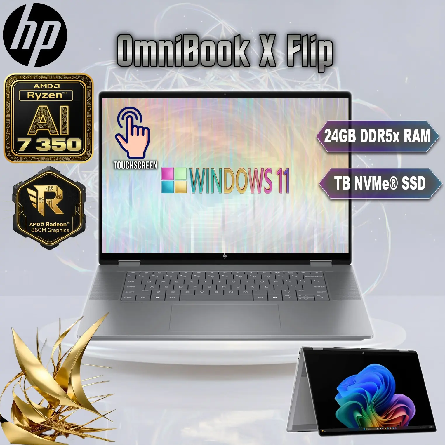 B6QE6UA#ABA HP OMNIBOOK X RYZEN AI7 24GB 1TB 14" X360 HP OmniBook X Flip AI PC : AMD Ryzen AI 7 350 | 24GB DDR5x RAM , 1TB NVMe SSD | 14-inch 2K IPS TouchScreen Display | AMD Radeon 860M Graphics | Windows 11 | METEOR SILVER ~ 14-fk0033dx