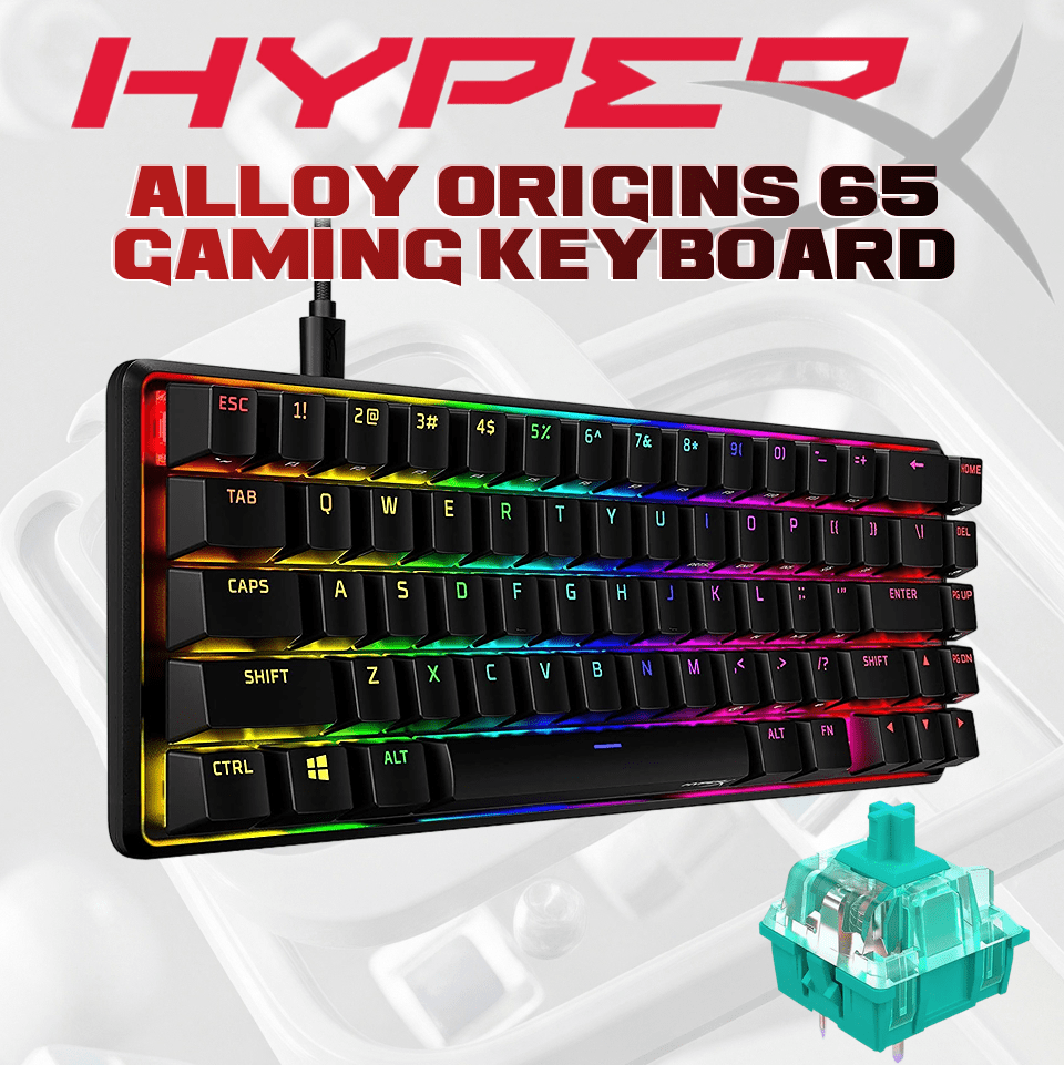 HyperX Alloy Origins 65 - Gaming Keyboard (Aqua Switch) ALLOY-ORIGIN-65%-OB HYPERX ALLOY ORIGIN 65% OPENBOX KEYBOARD AQUA SWITCH HyperX Alloy Origins 65 Gaming Keyboard – Aqua Tactile Switches, 65% Compact Aluminum Frame, RGB Backlit PBT Keycaps, Detachable USB-C, Anti-Ghosting & NGENUITY Control | BLACK