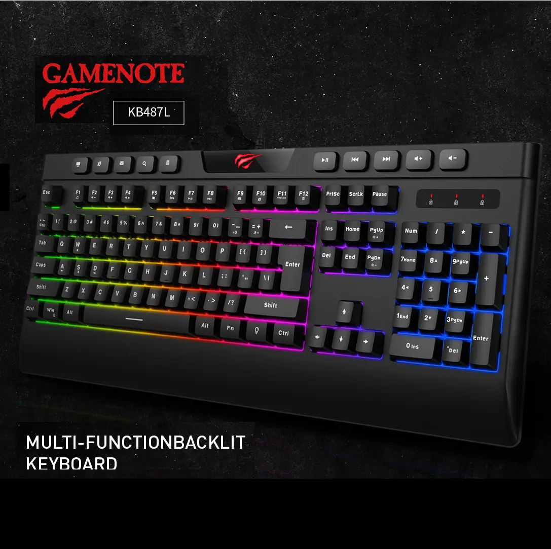 KB487L HAVIT GAMENOTE RGB KEYBOARD FULL SIZE USB WIRED Havit KB487L Multi-function RGB Backlit Keyboard Gaming Keyboard , USB Wired , 10 Standard Multimedia Keys, Full Size 114 Keys , Supports Windows - Linux - MAC . 