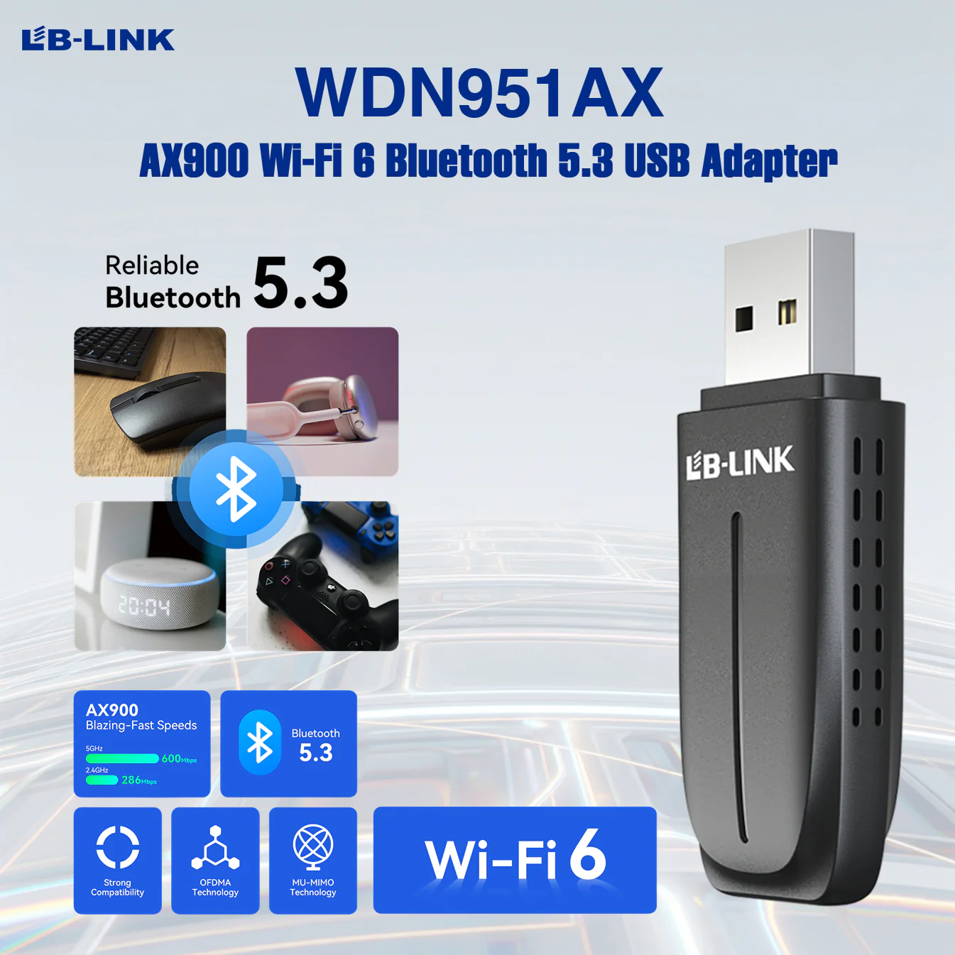 LB-LINK-BL-WDN951AX LB LINK AX900 + BLUETOOTH WIRELESS DUAL BAND USB ADAPTER USB WIFI 6   LB-LINK WDN951AX AX900 Wi-Fi 6 Bluetooth 5.3 USB Adapter | Dual-Band 900Mbps | Plug-And-Play | Ultra-Low Latency | USB 2.0 | Compatible With Windows 7, 10 & 11
