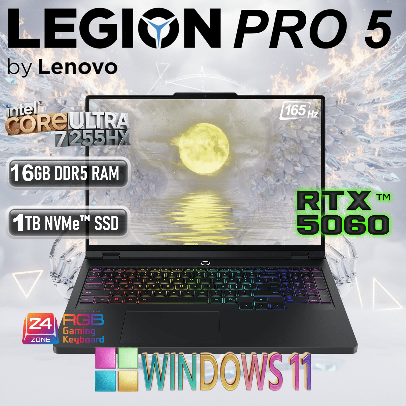83F30009US LENOVO LEGION PRO 5 16IAX10 U7 255HX 16GB RAM/1TB SSD/ RTX 5060/ 16.0"/WIN11-ECLIPSE BLACK Lenovo AI-Powered Legion Pro 5 16IAX10 Intel® Core Ultra 7 255HX , 13 AI TOPS | 16GB DDR5 RAM ; 1TB NVMe SSD | RTX 5060 (8GB) 572 AI TOPS | 16-inch WQXGA OLED 100% DCI-P3, 165Hz Display | Windows 11 Home | Eclipse Black