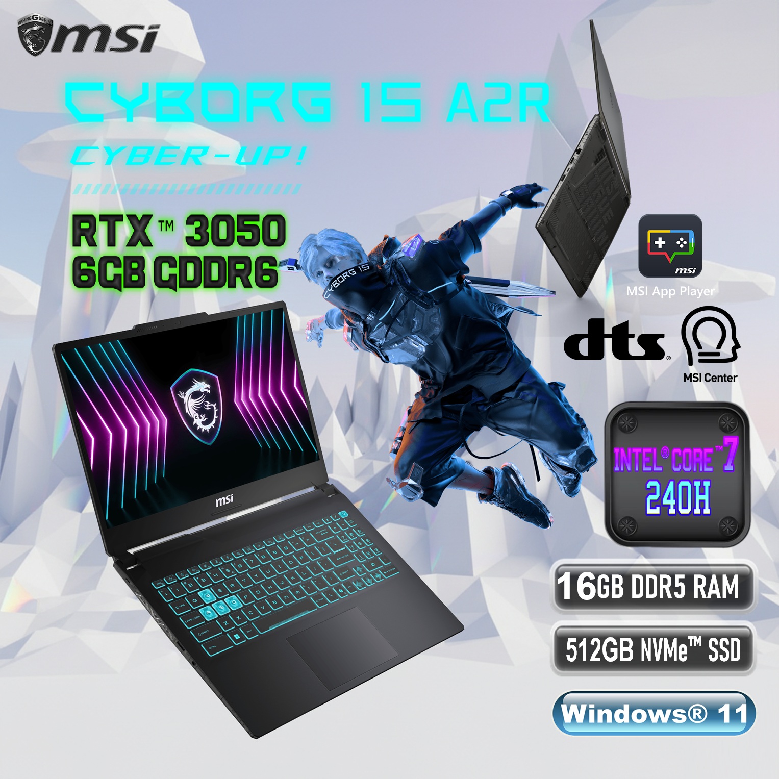 9S7-15K111-2031 Msi Cyborg 15 A2RUDX-2031AE Core 7 240H 16Gb RAM/ 512GB Nvme/ Rtx3050 6Gb Graphics/15.6" F MSI Cyborg 15 A2RUDX Intel® Core 7 240H | 16GB DDR5 RAM , 512GB NVMe SSD |  RTX 3050 (6GB) | 15.6-inch 144Hz IPS Display | Blue Backlit Keyboard | Windows 11  | Translucent Black