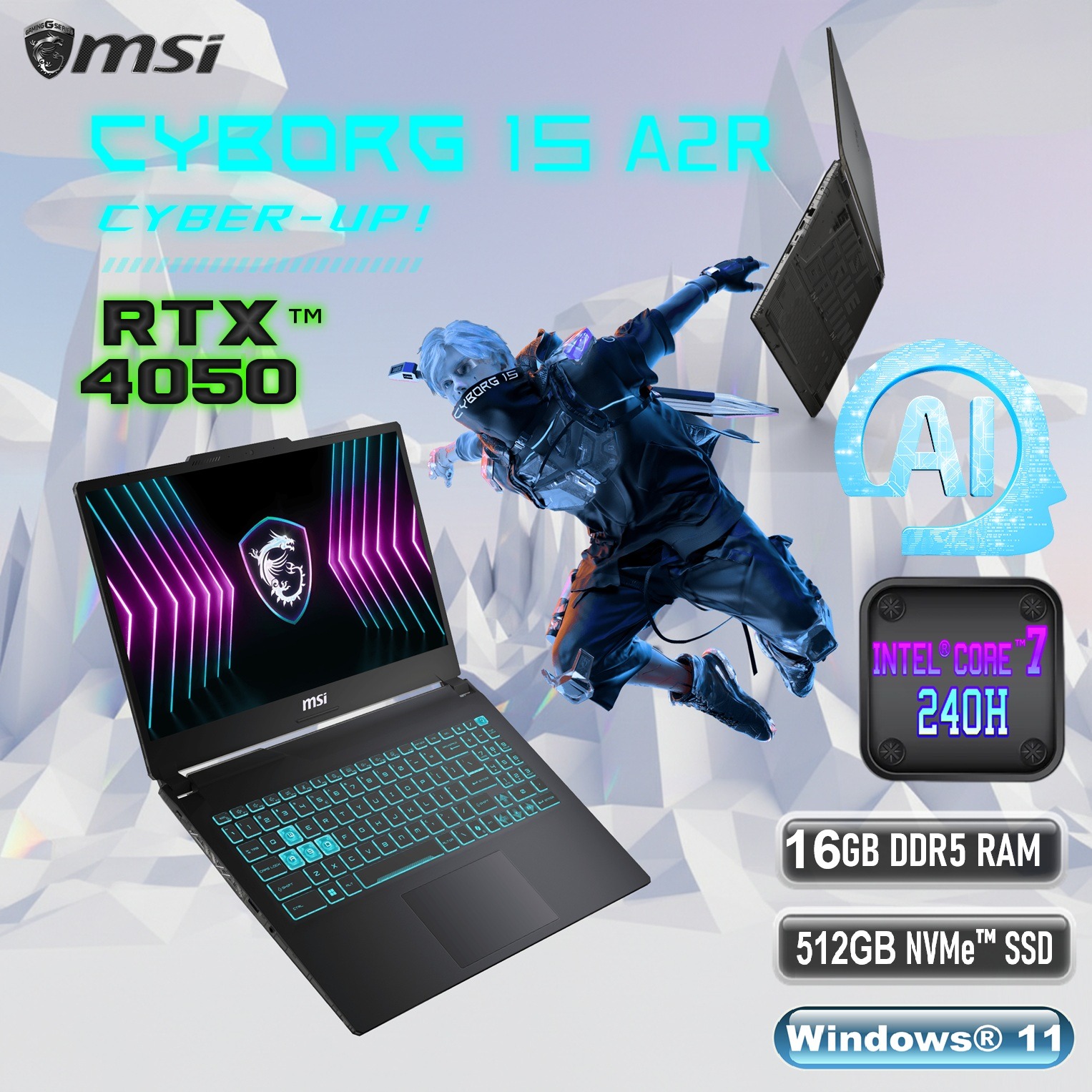 9S7-15K111-2030 Msi Cyborg 15 A2RVE-2030AE CORE 7 240H 16GbRAM/ 512GB NvmE/ Rtx4050 6Gb Graphics/15 MSI Cyborg 15 A2RVE Intel® Core 7 240H | 16GB DDR5 RAM , 512GB NVMe SSD |  RTX 4050 (6GB) | 15.6-inch 144Hz IPS Display | Blue Backlit Keyboard | Windows 11  | Translucent Black 